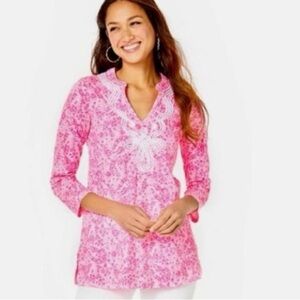 🌸Lilly Pulitzer Kaia Cotton 3/4 Sleeve Tunic Top, Size L, Pink & White (NWOT)